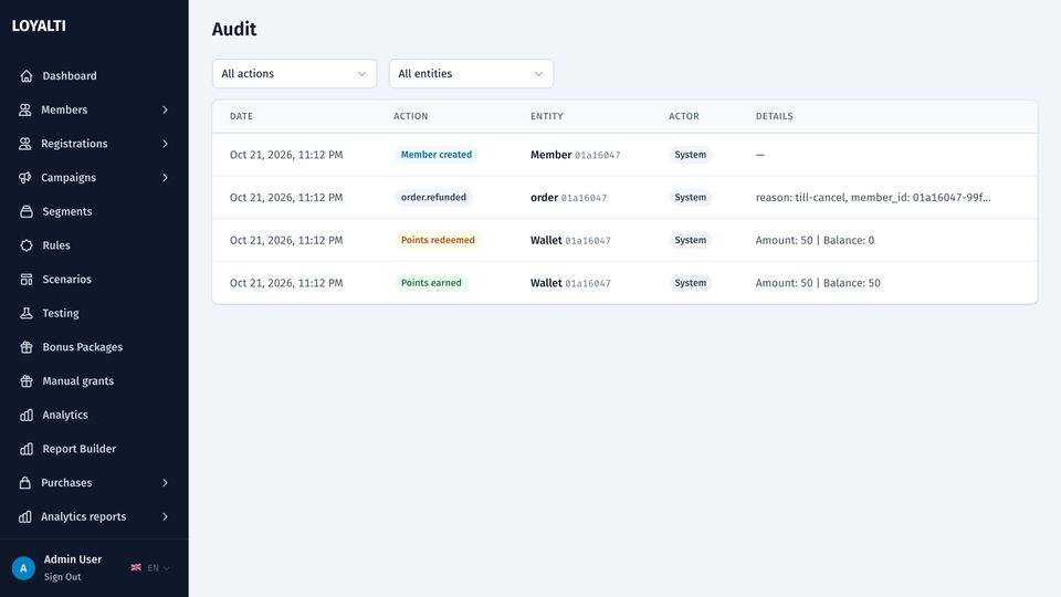 Audit log: who changed what and when, with entity and action filters