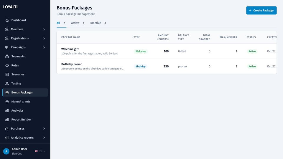 Bonus packages list with type, amount, expiry and restrictions