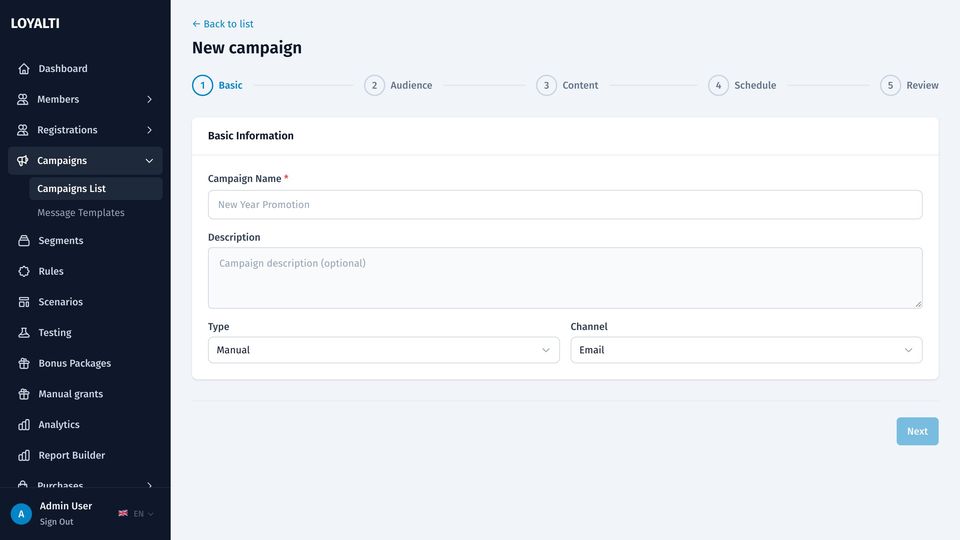 New campaign wizard: basics, audience, content, schedule and review steps