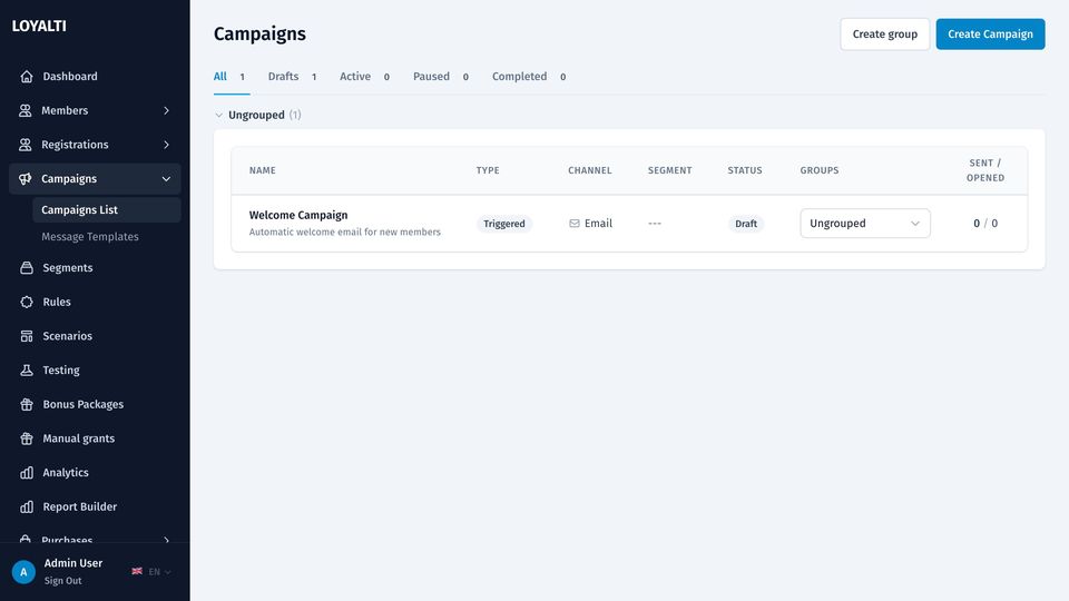 Campaign list with type, channel, segment, status, group, sent and opened counts