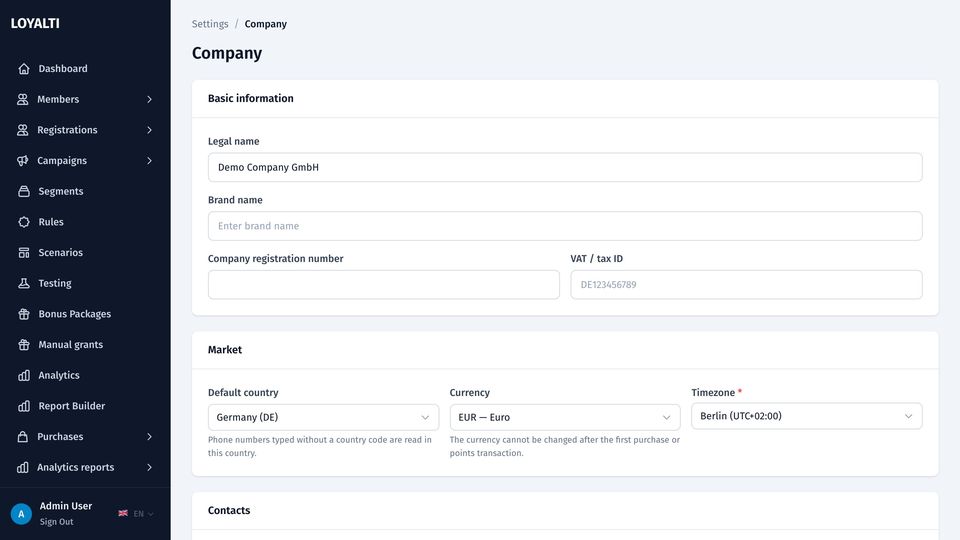 Company settings with legal information, market and contacts