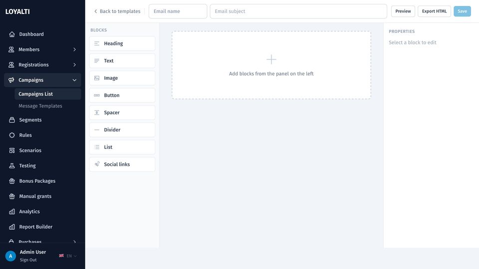E-mail maker with a block palette, a canvas and an inspector
