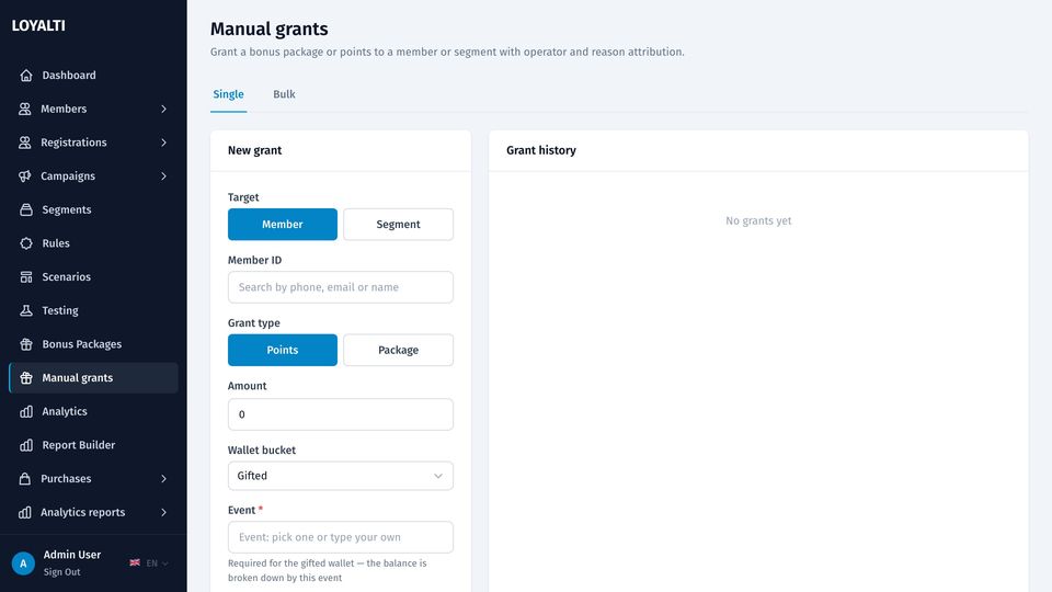Manual grants form with target, amount, balance type, expiry and restrictions