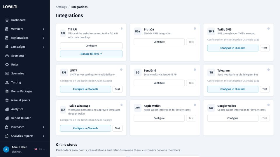 Integrations settings: Shopify, WooCommerce, Bitrix24 and messaging providers with connect buttons