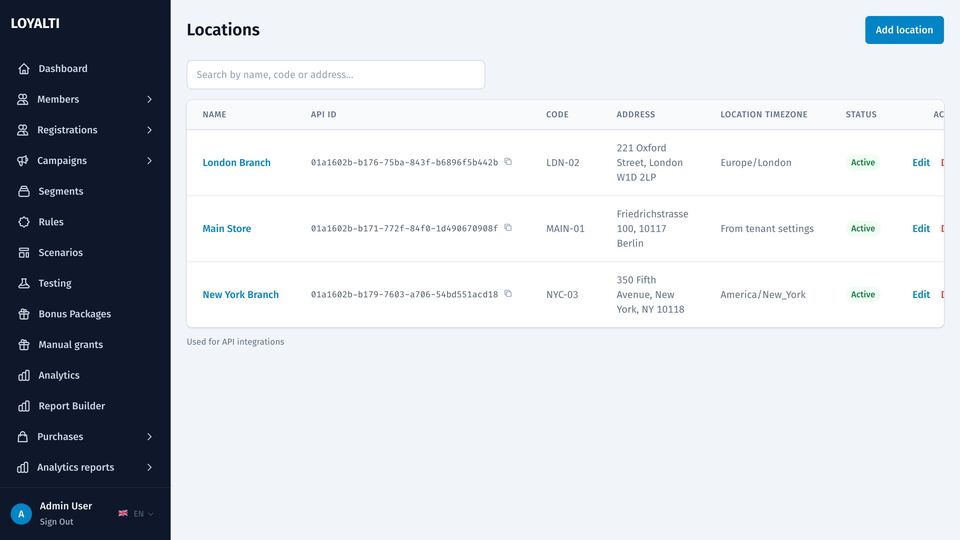 Locations list with address, city, timezone and status