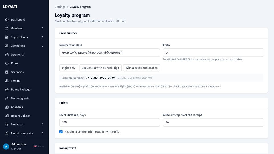Loyalty programme settings with card numbers, points and receipt texts