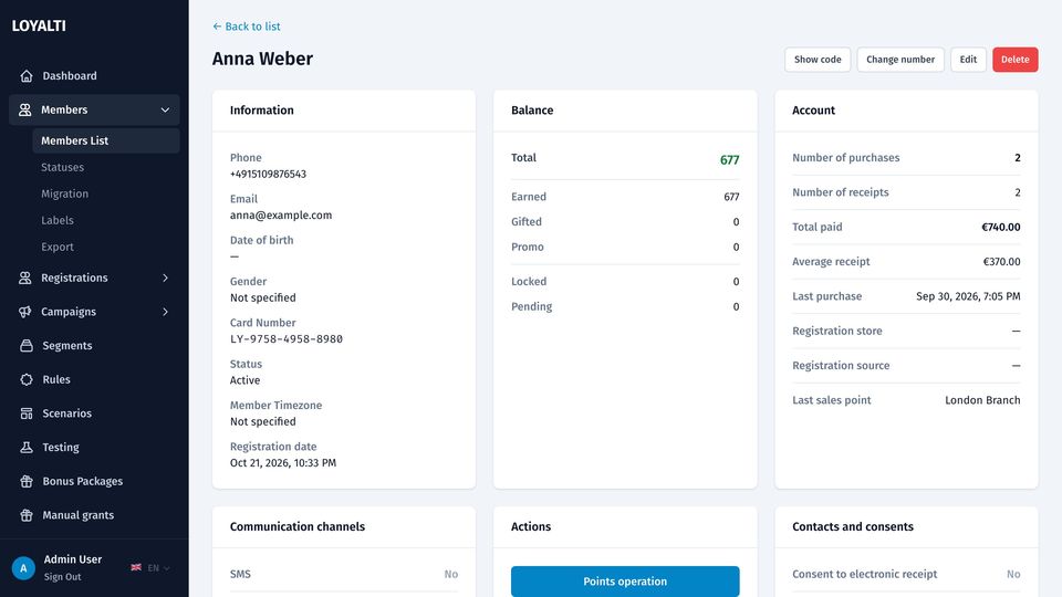 Member card: contact details, balances by type, purchase statistics, communication channels and consents
