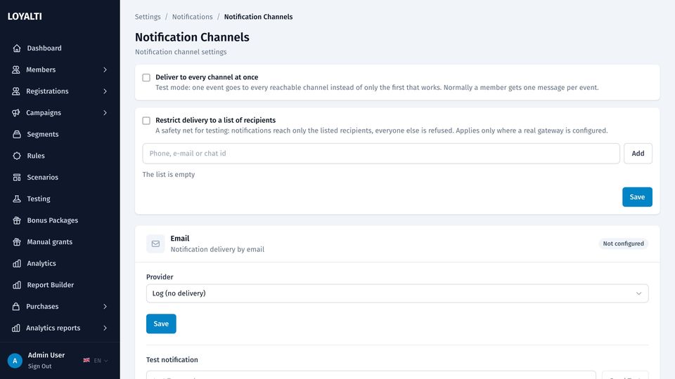 Notification channels settings with sandbox and channel cards