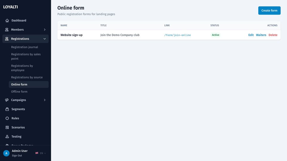 Online sign-up forms with links and QR codes