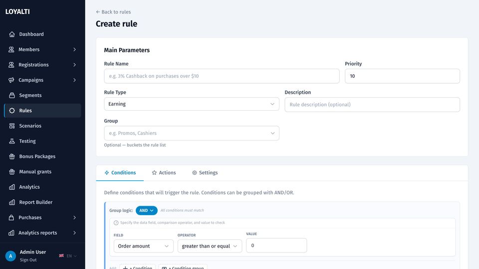 Rule builder: conditions on receipt and member, earn action and validity period