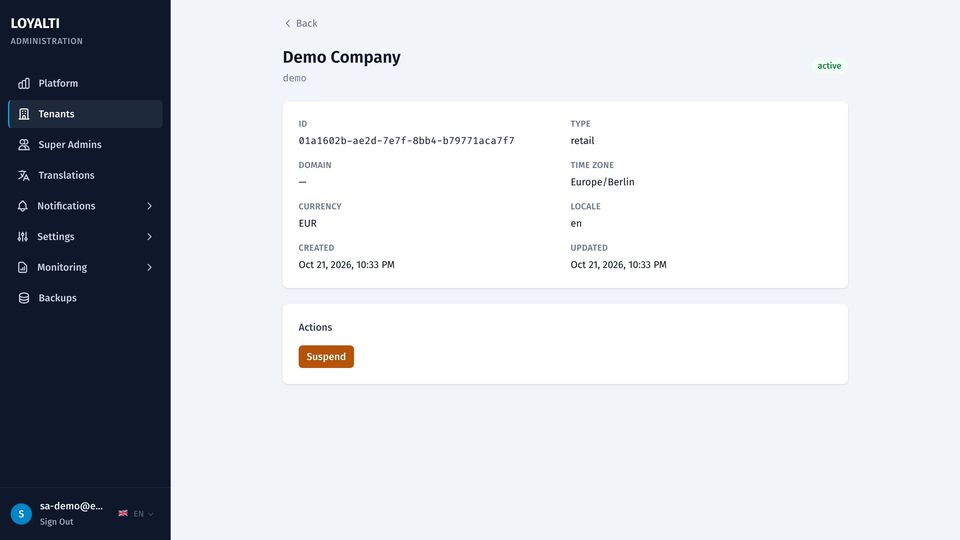 Tenant card with plan and limits