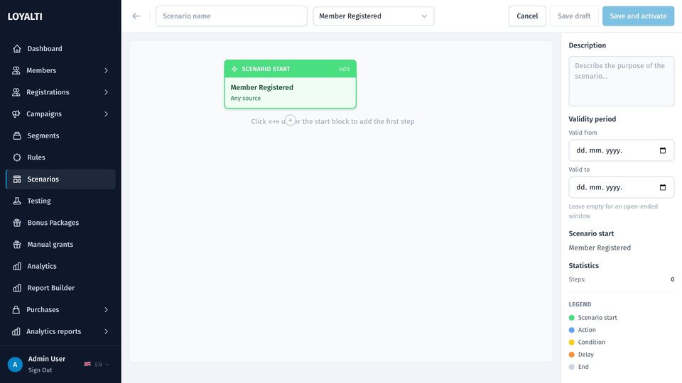 Scenario canvas with a trigger node and the settings panel