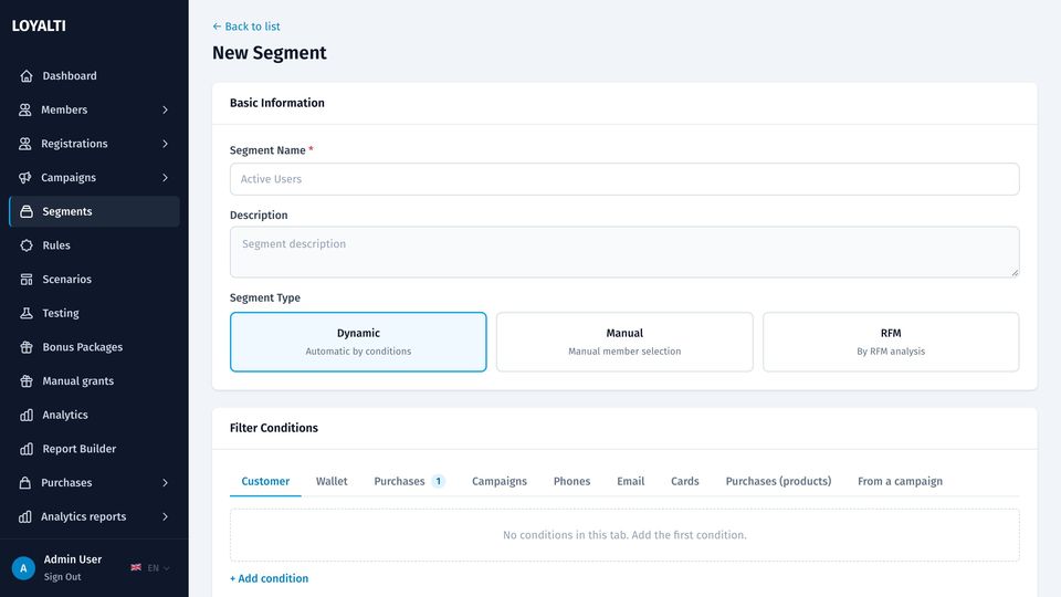 New segment screen with name, type and the filter builder