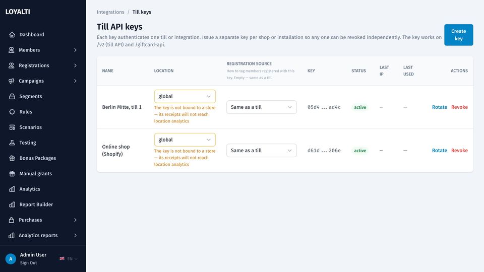 Till keys settings with two keys bound to a store and to an online shop