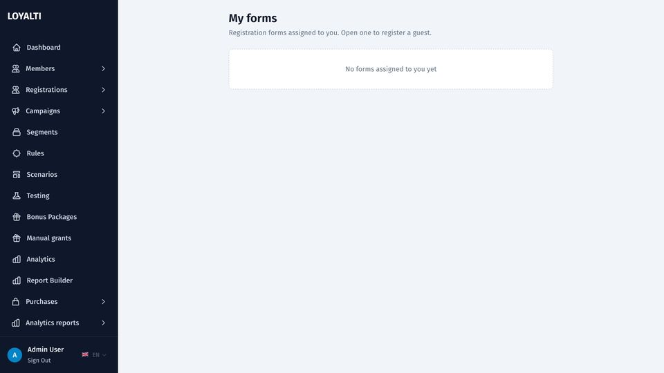 Forms assigned to a waiter or cashier