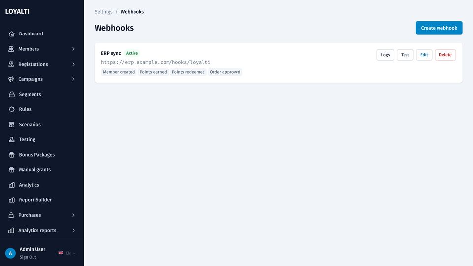 Webhooks settings with an endpoint and its subscribed events