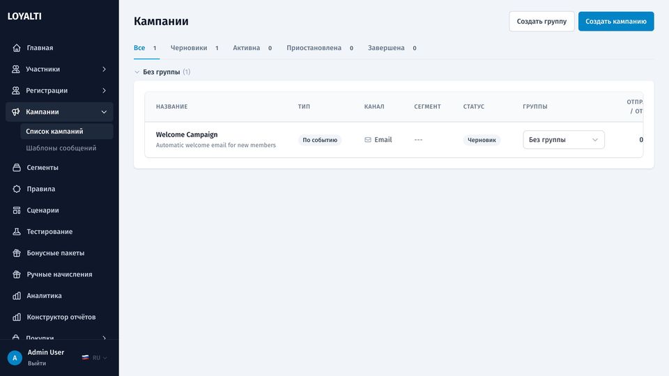 Список кампаний с типом, каналом, сегментом, статусом, группой и счётчиками