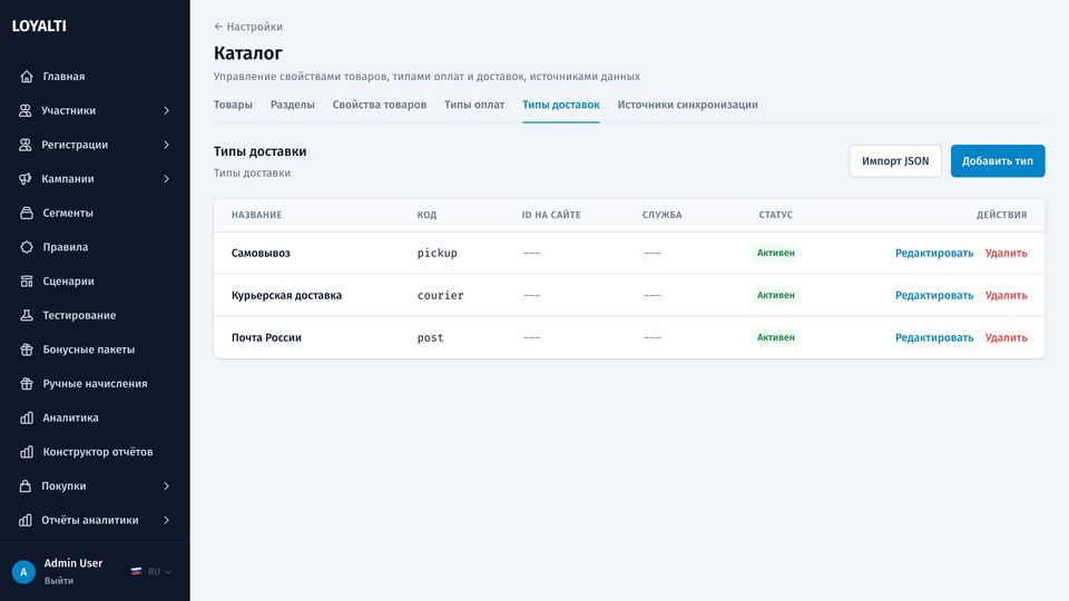 Типы доставки