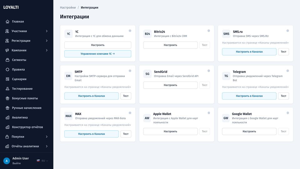 Настройки интеграций: 1С, Bitrix24 и провайдеры сообщений с кнопками подключения