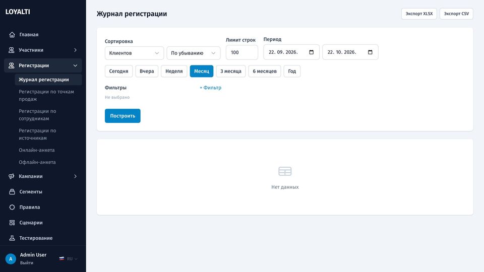 Журнал регистраций за период